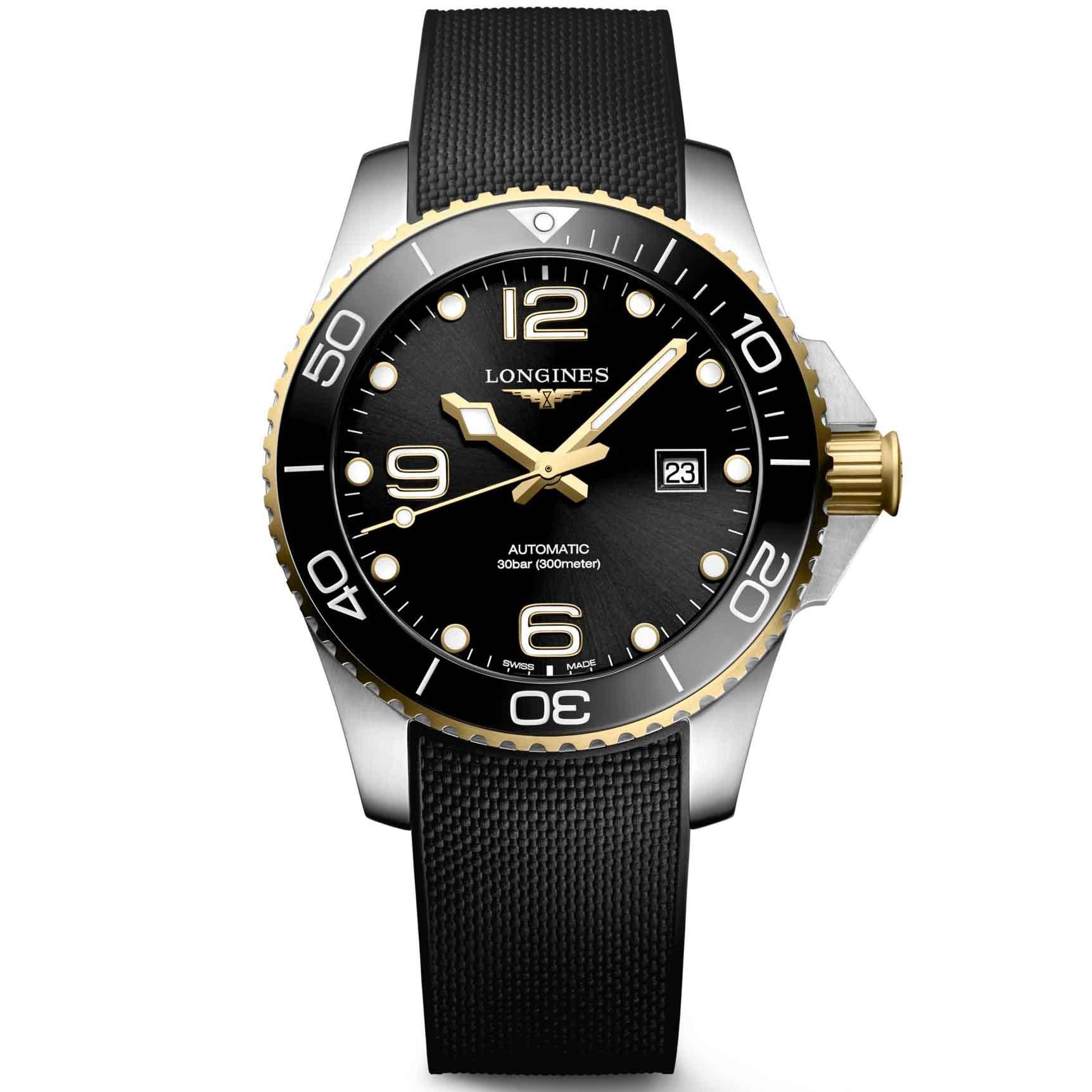 Orologio Longines HydroConquest 43 mm nero con cinturino in gomma e dettagli oro giallo