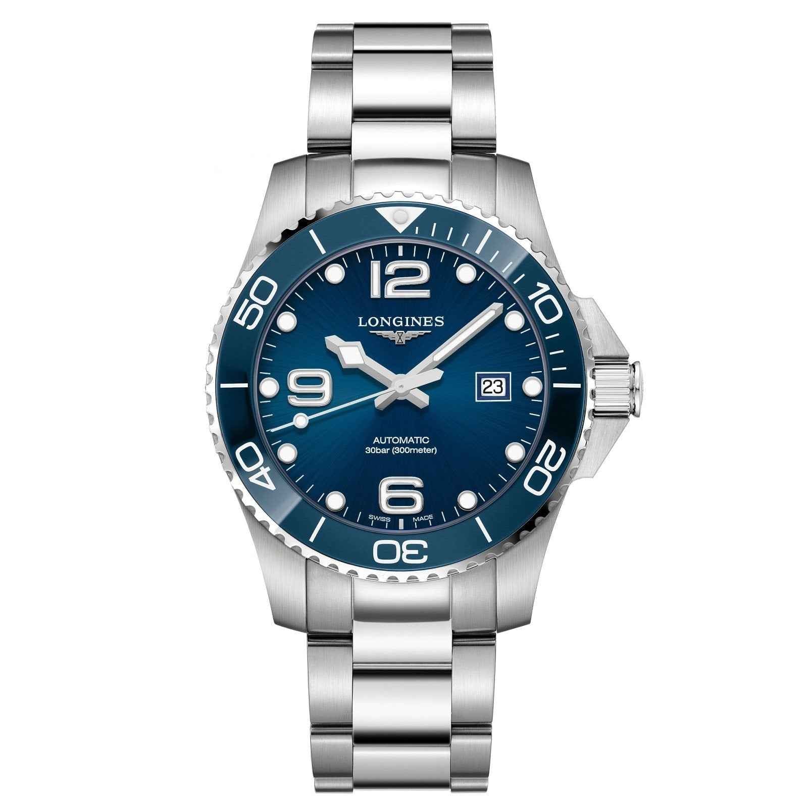 Orologio Longines HydroConquest in acciaio con quadrante blu e bracciale a maglie, lunetta girevole