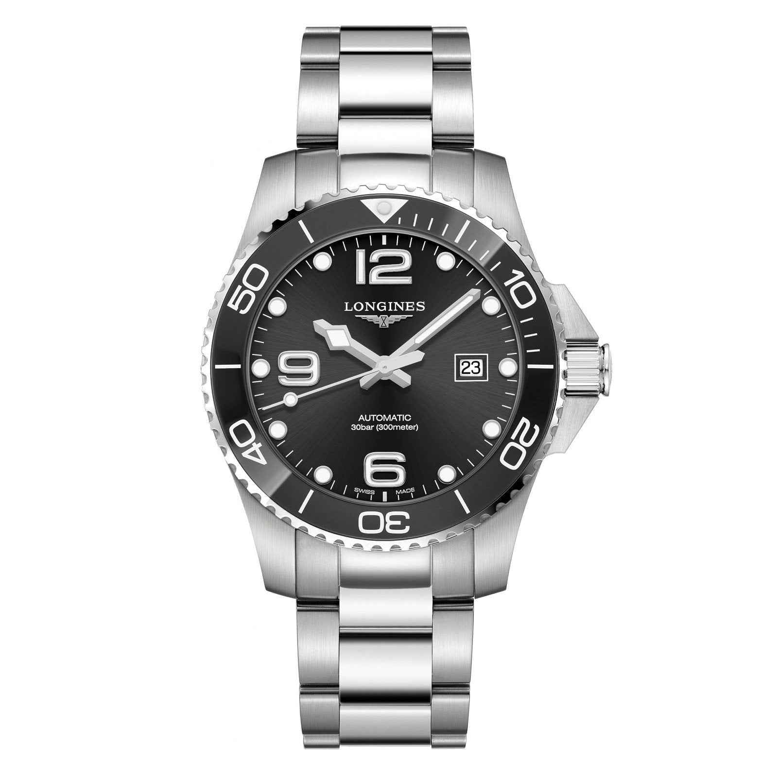 Orologio subacqueo automatico con quadrante nero, ghiera nera e bracciale in acciaio