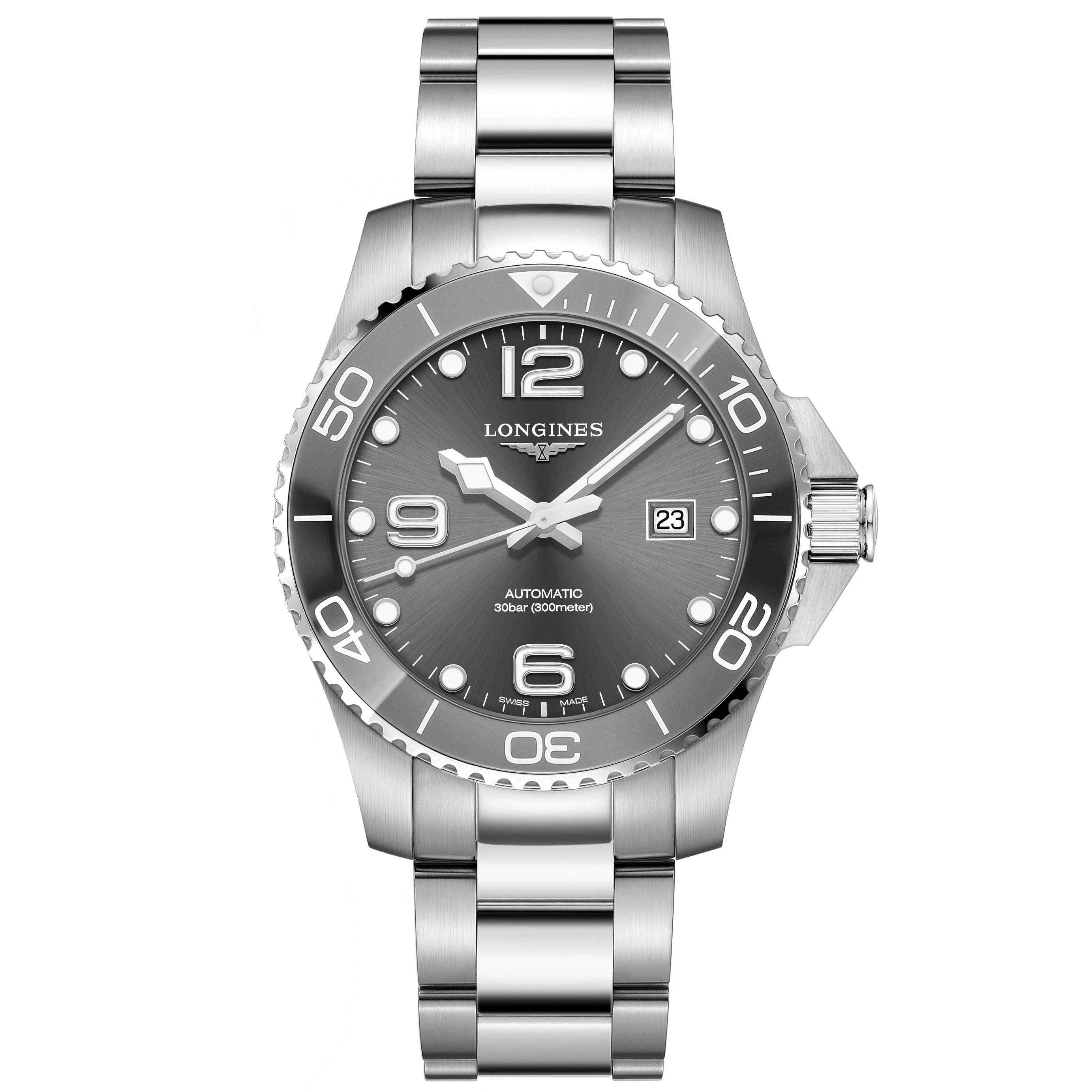 Orologio automatico Longines con quadrante nero, ghiera sub e cinturino in acciaio