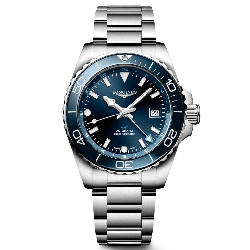 Orologio Longines Hydroconquest GMT 41 mm in acciaio, quadrante blu e lunetta azzurra