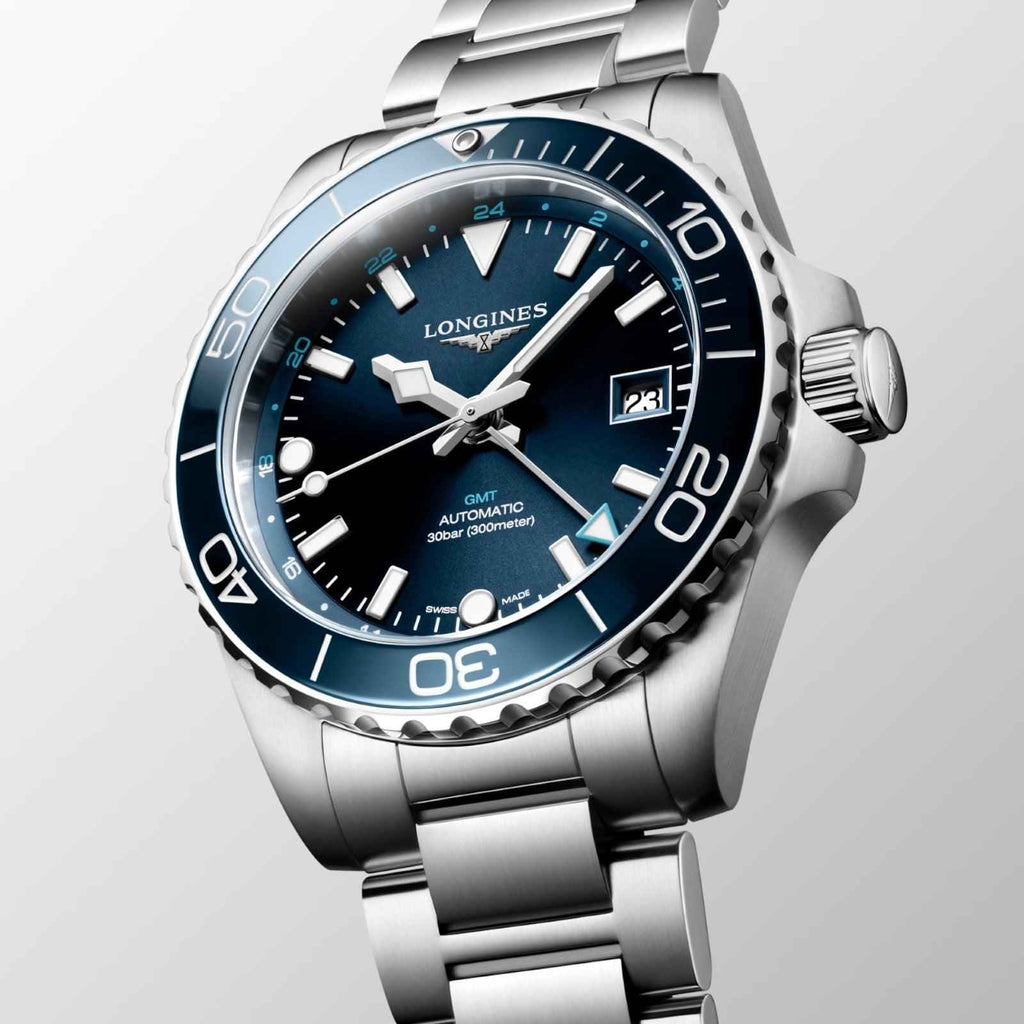 Orologio Longines Hydroconquest GMT acciaio, quadrante blu con indicazione data 23