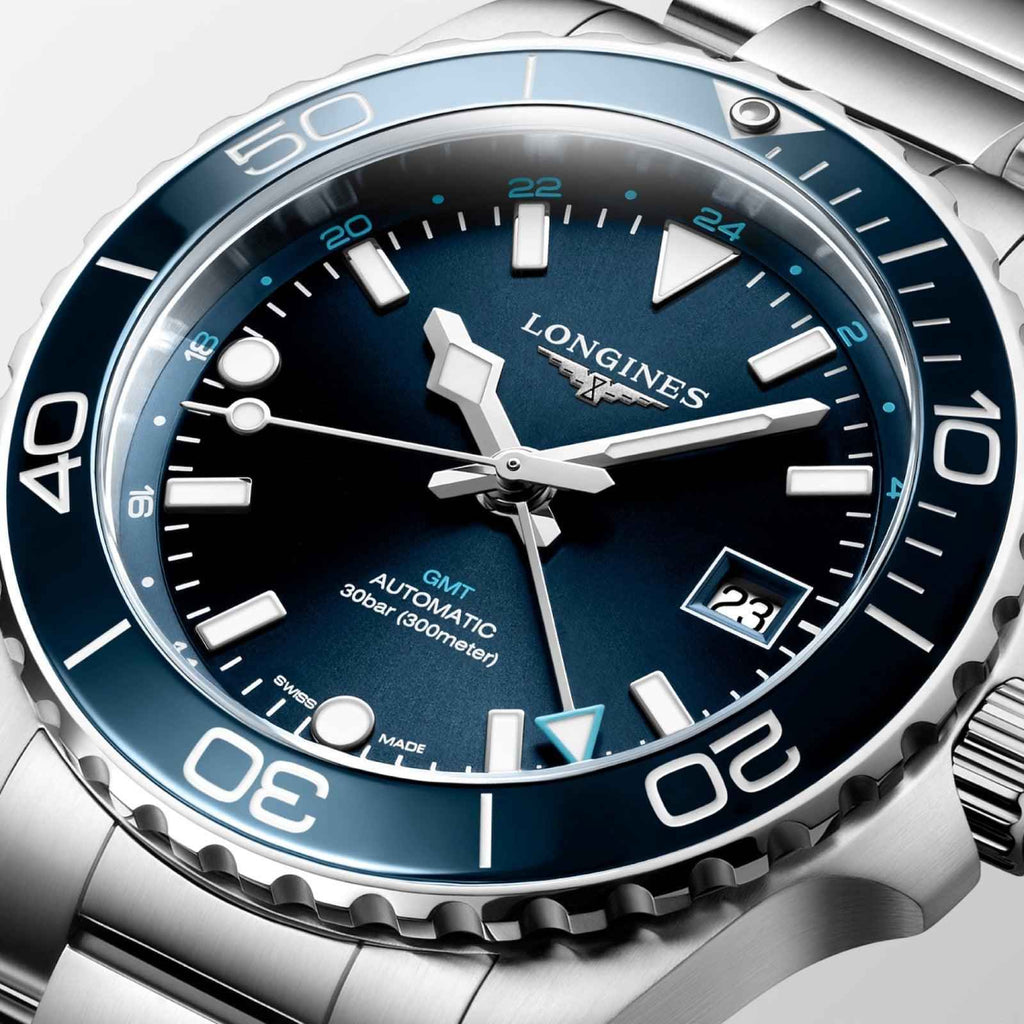 Orologio Longines Hydroconquest GMT, quadrante blu con lancette GMT e data 23