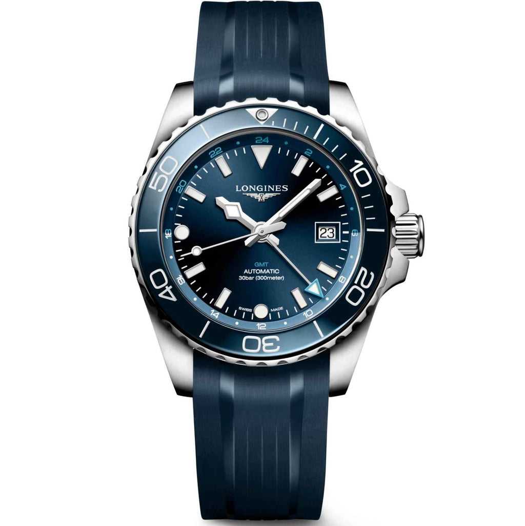 Orologio Longines Hydroconquest GMT 41mm blu con cinturino in gomma blu, acciaio
