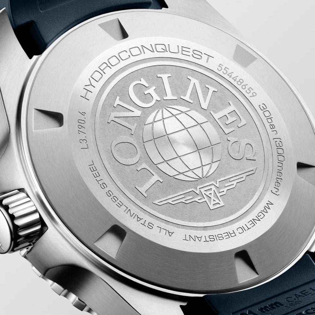 Orologio Longines Hydroconquest GMT 41mm in acciaio con fondello e logo globe