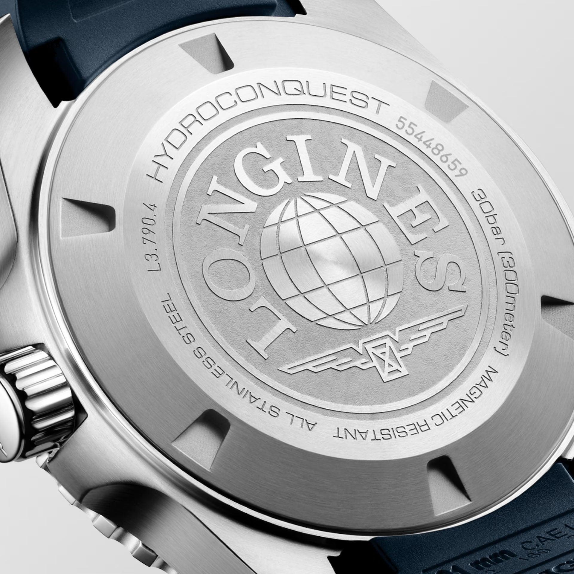 Orologio Longines Hydroconquest GMT 41mm in acciaio con fondello e logo globe