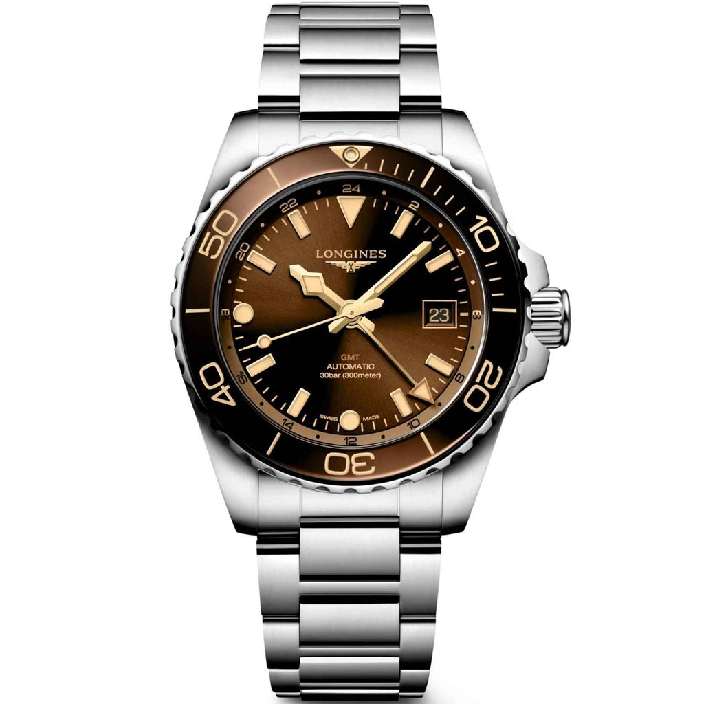 Orologio Hydroconquest GMT automatico con quadrante marrone e bracciale in acciaio