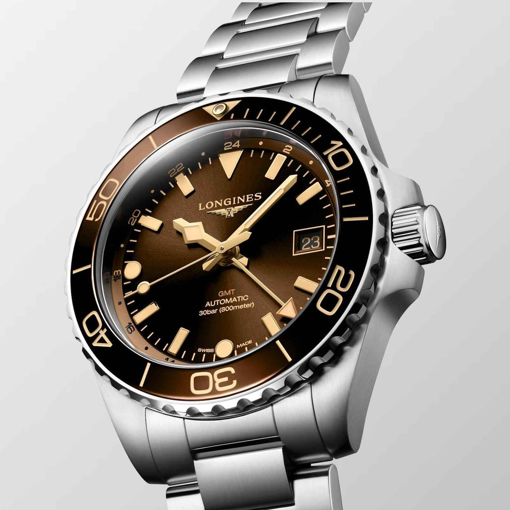 Orologio Hydroconquest GMT automatico con quadrante marrone e cassa in acciaio