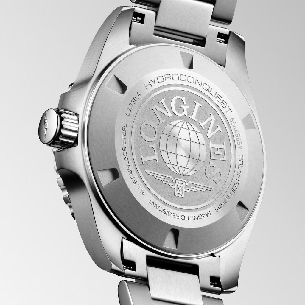 Orologio Hydroconquest GMT in acciaio, quadrante con logo e indici a barre