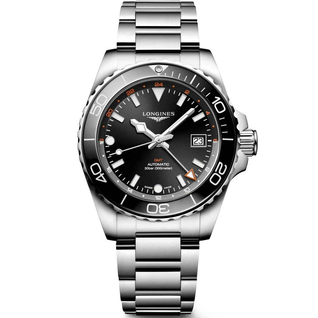 Orologio subacqueo Longines Hydroconquest GMT nero automatico in acciaio con bracciale