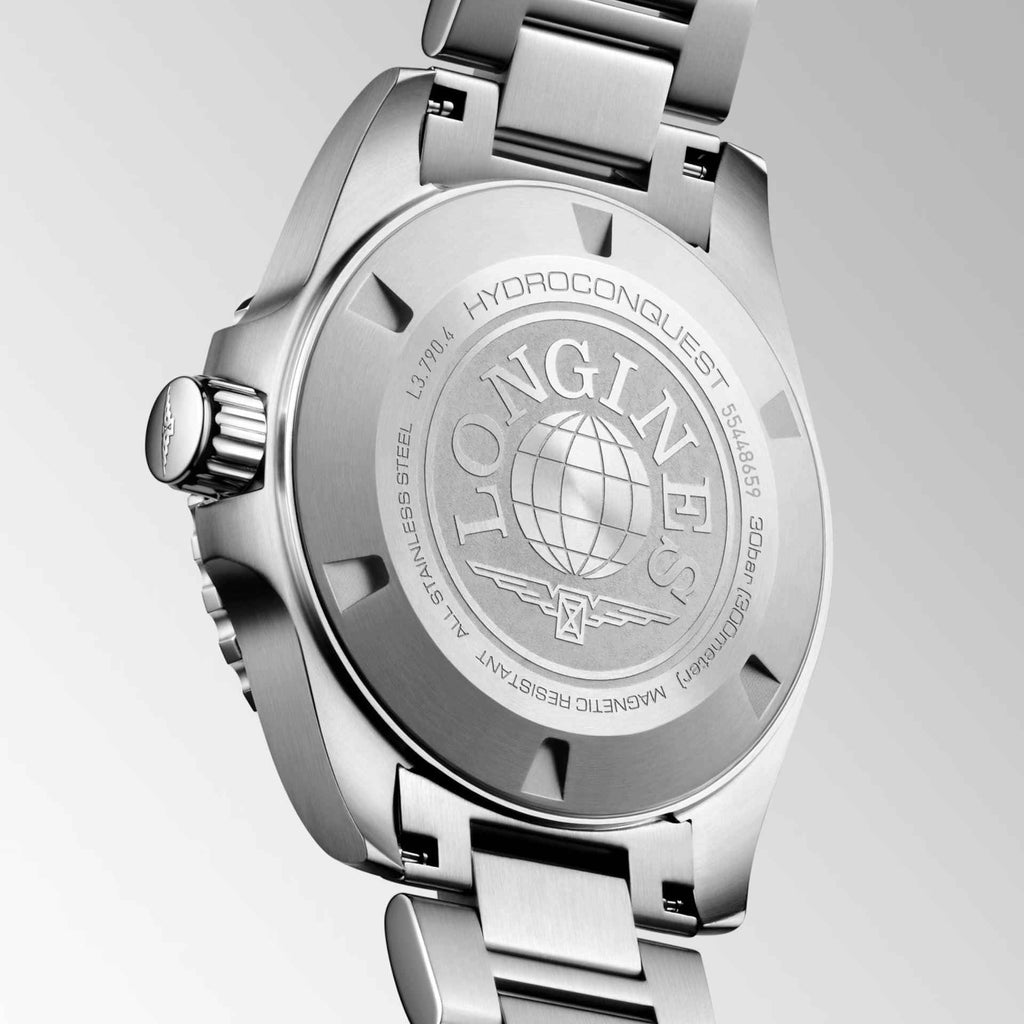 Fondello in acciaio dell’orologio Longines Hydroconquest GMT con incisione e vetro