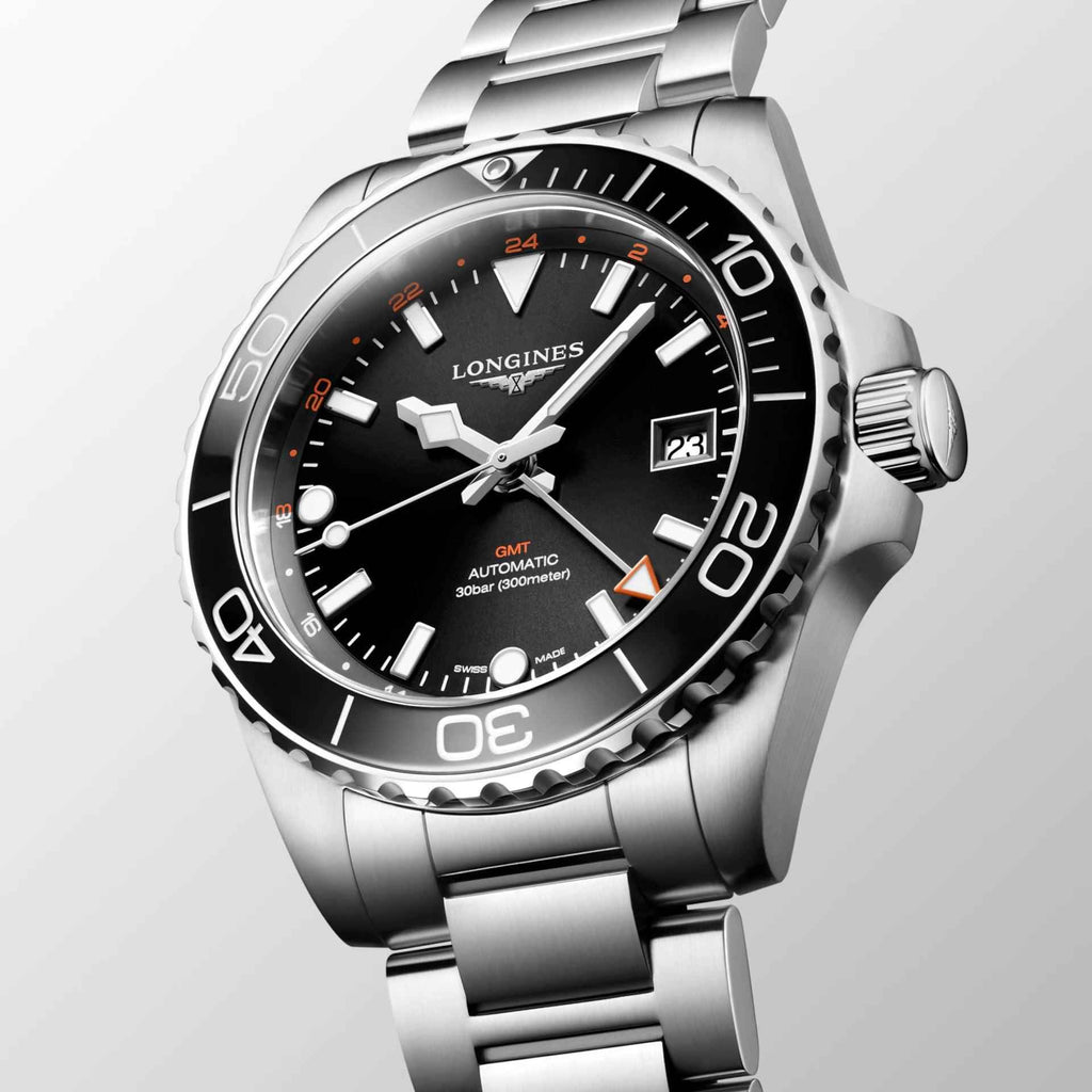 Orologio Longines Hydroconquest GMT nero automatico con lunetta e bracciale in acciaio