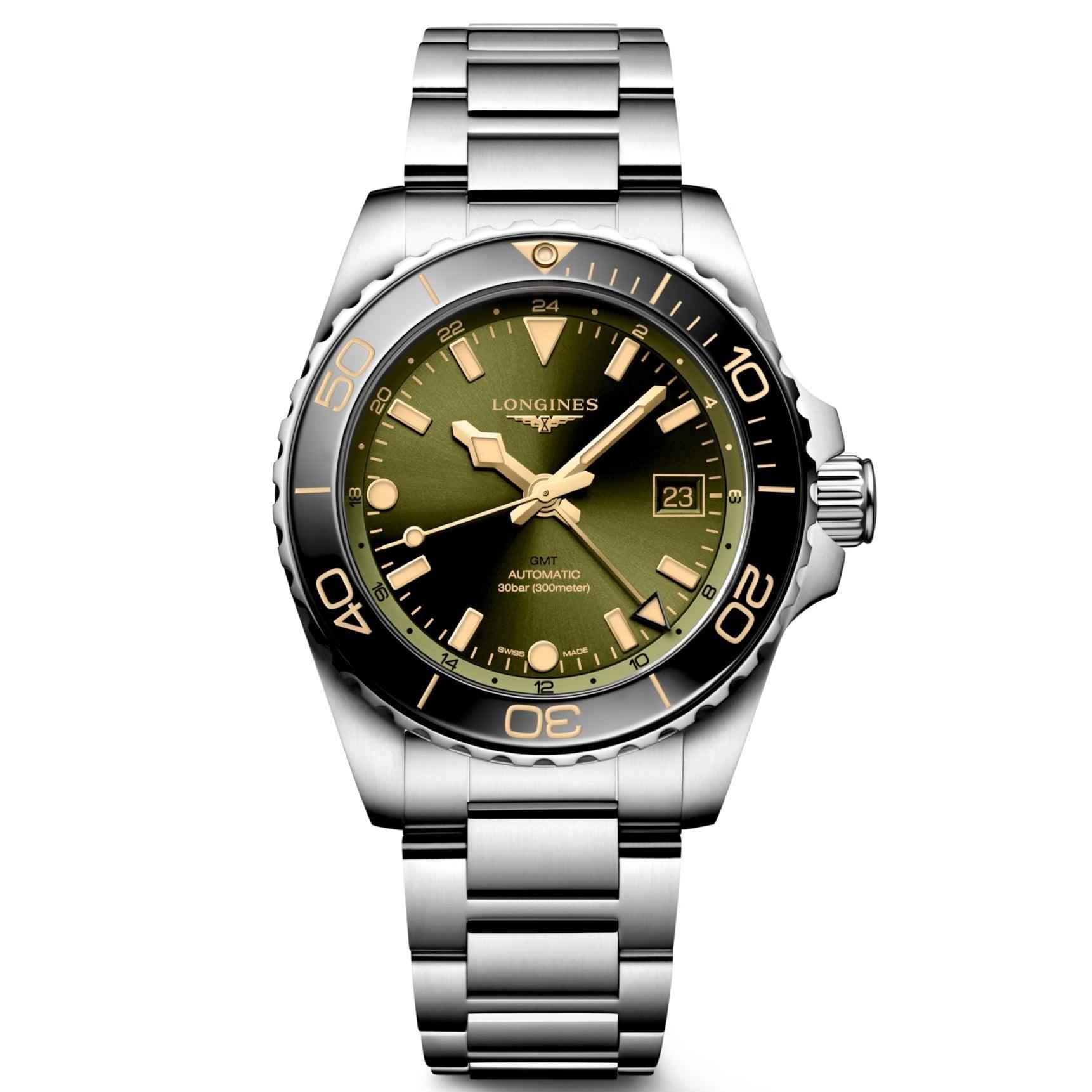 Orologio Hydroconquest GMT automatico, quadrante verde e bracciale in acciaio