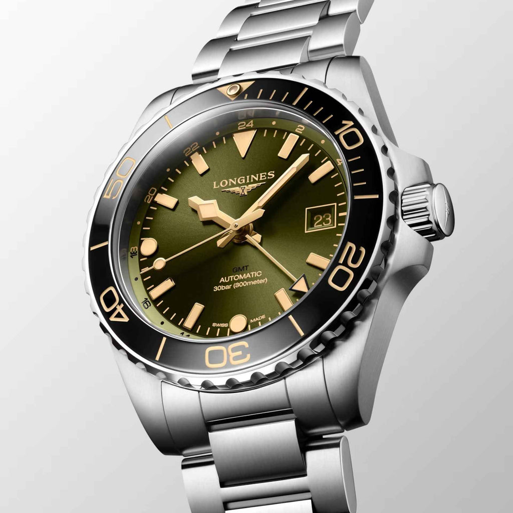 Orologio Hydroconquest GMT automatico con lunetta nera, quadrante verde e corona