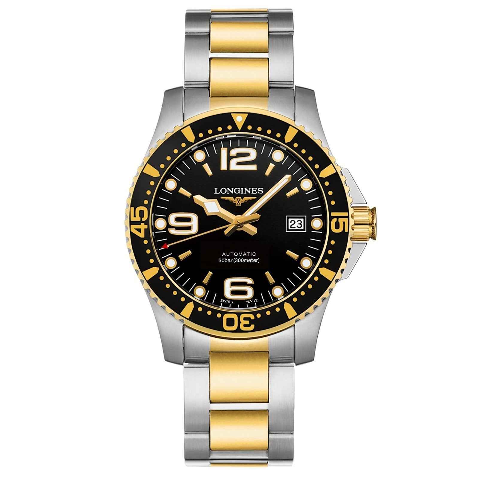 Orologio automatico Longines Hydroconquest in acciaio con PVD oro giallo e quadrante nero