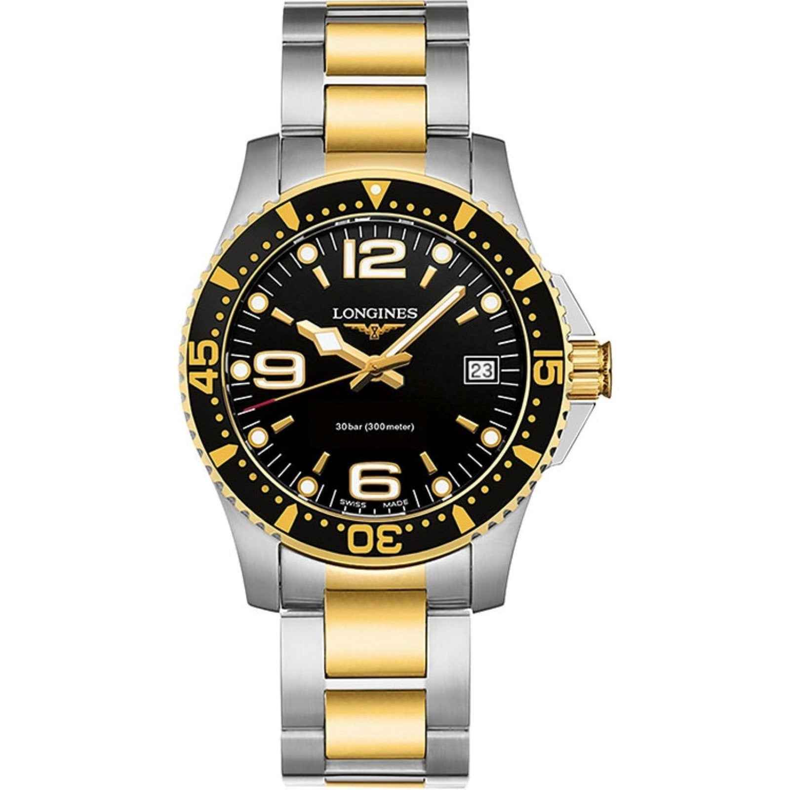Orologio Hydroconquest nero con cinturino in acciaio bicolore e lunetta oro giallo