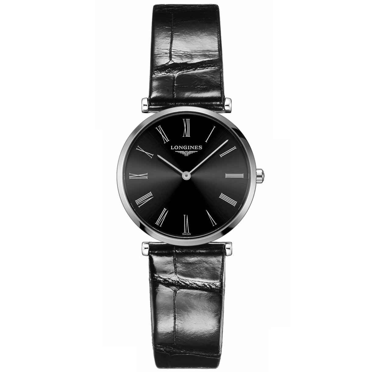 Orologio da donna Longines con quadrante nero e cinturino in pelle nera, cassa in acciaio