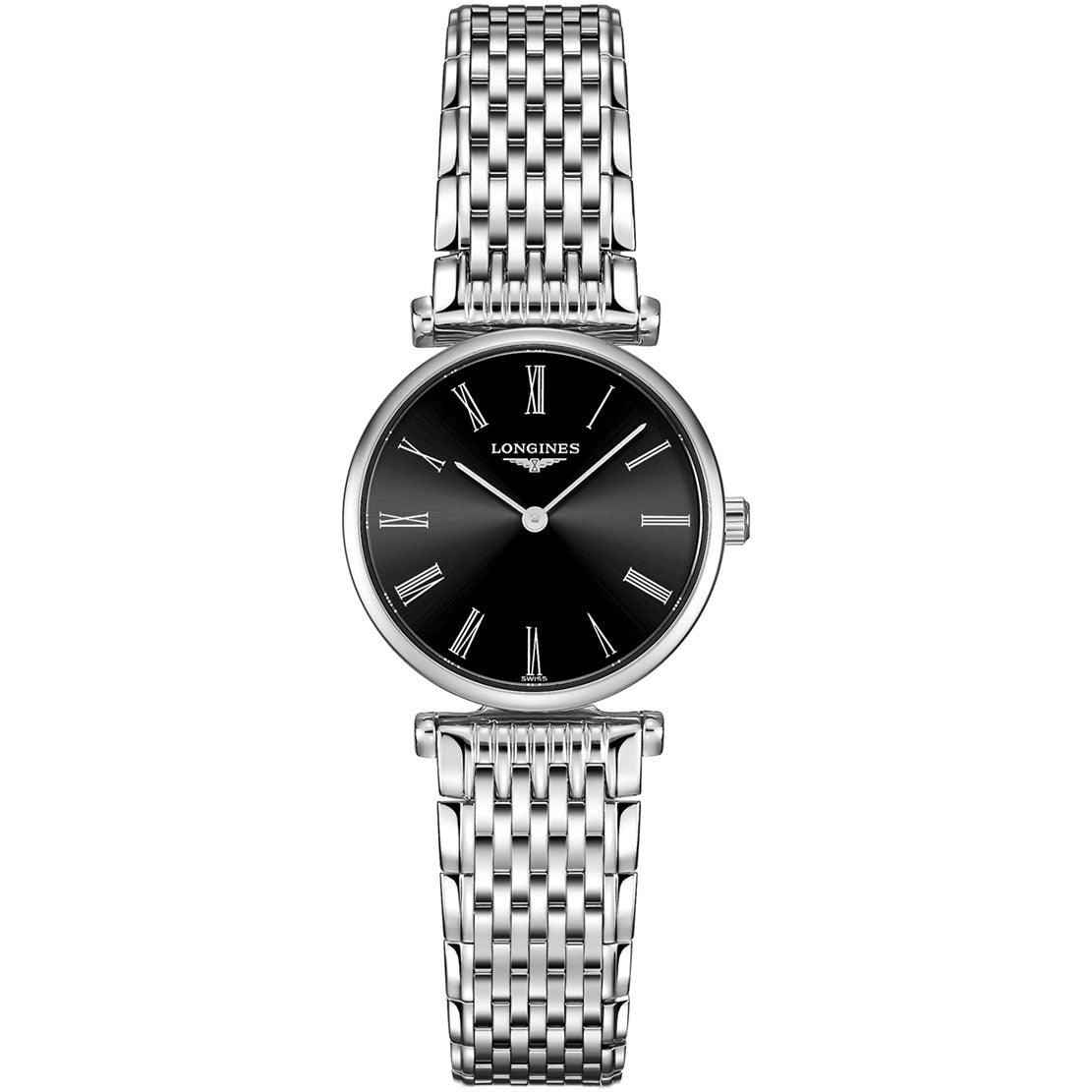 Orologio da polso Longines da donna, quadrante nero, bracciale in acciaio, quarzo 24 mm