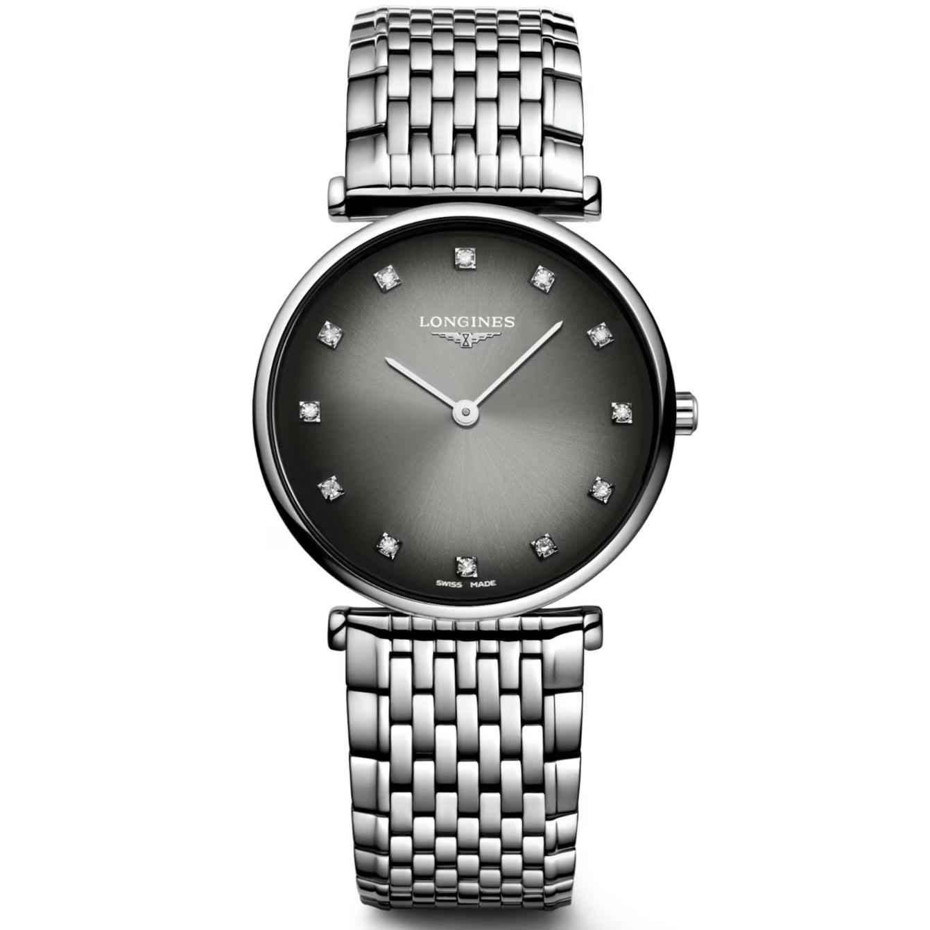 Orologio da polso con quadrante antracite, diamanti e cinturino in acciaio