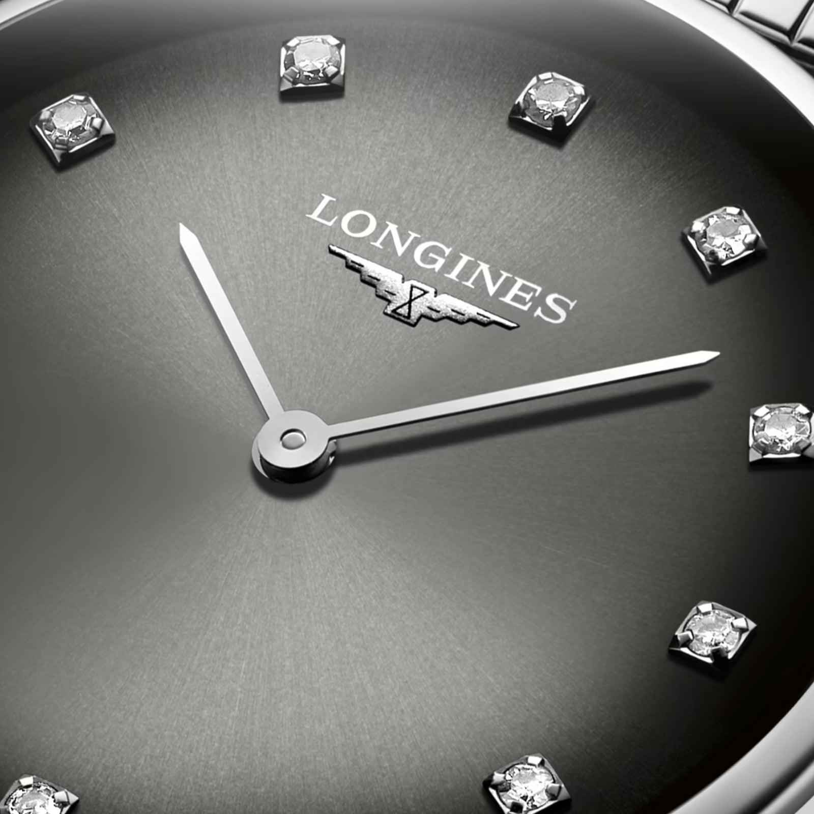 Quadrante antracite con logo, indici a diamante e lancette bianche