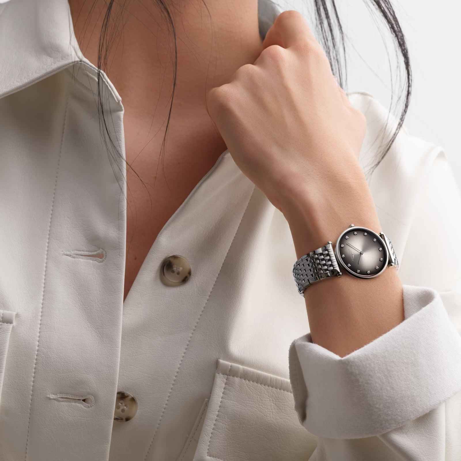 Orologio da polso con bracciale in acciaio e quadrante antracite, indici a diamante