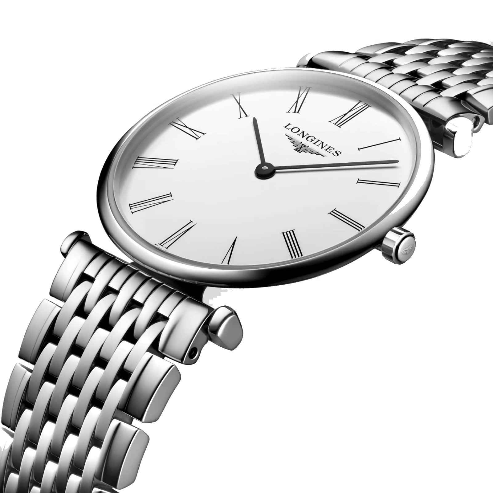 Orologio Longines in acciaio con quadrante bianco, cassa ovale e cinturino a maglia