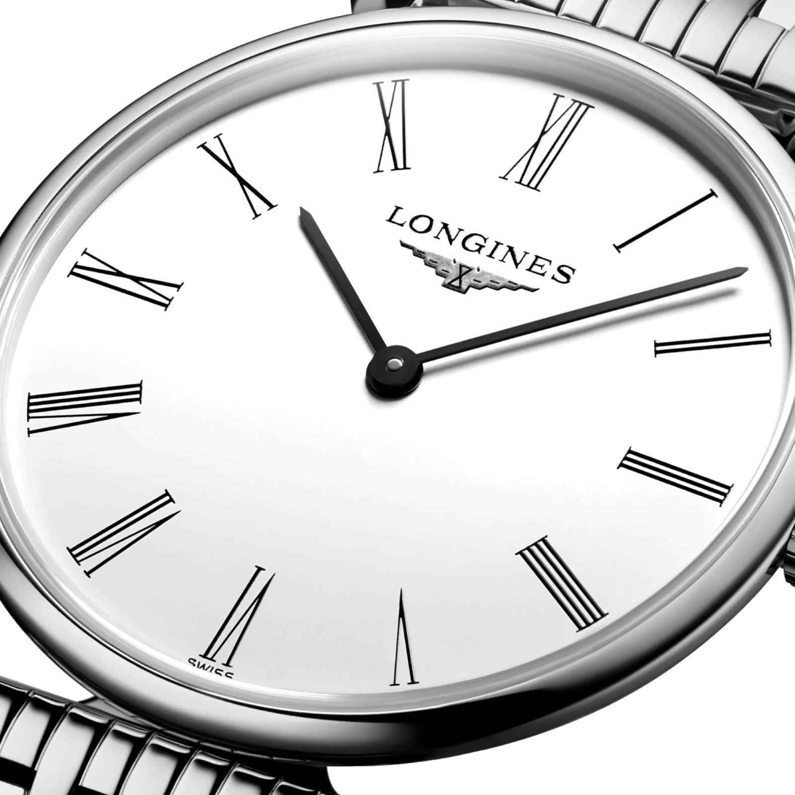 Orologio Longines con quadrante bianco, numeri romani e lancette nere