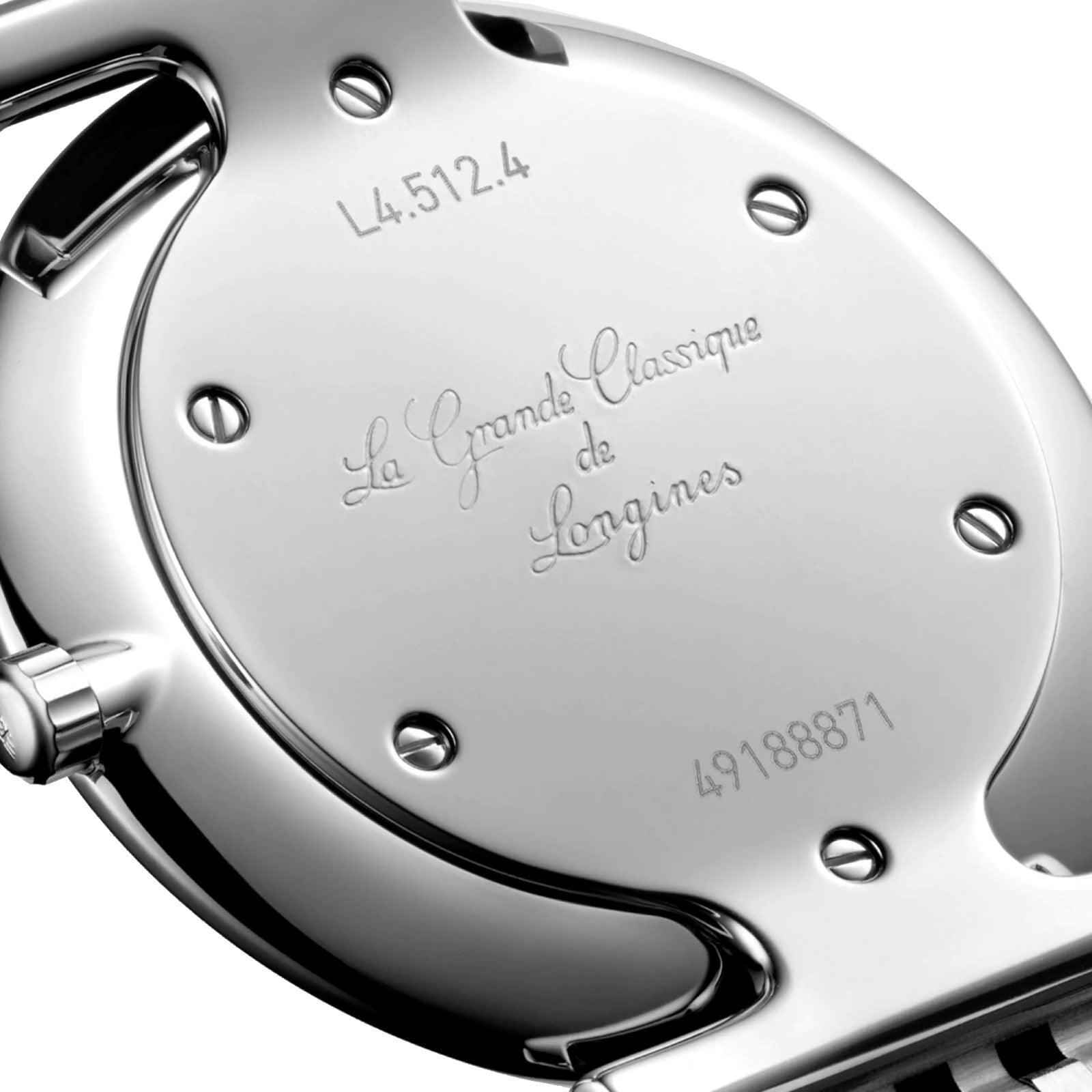 Fondello dell’orologio Longines in acciaio con incisioni e numero L4.512.4