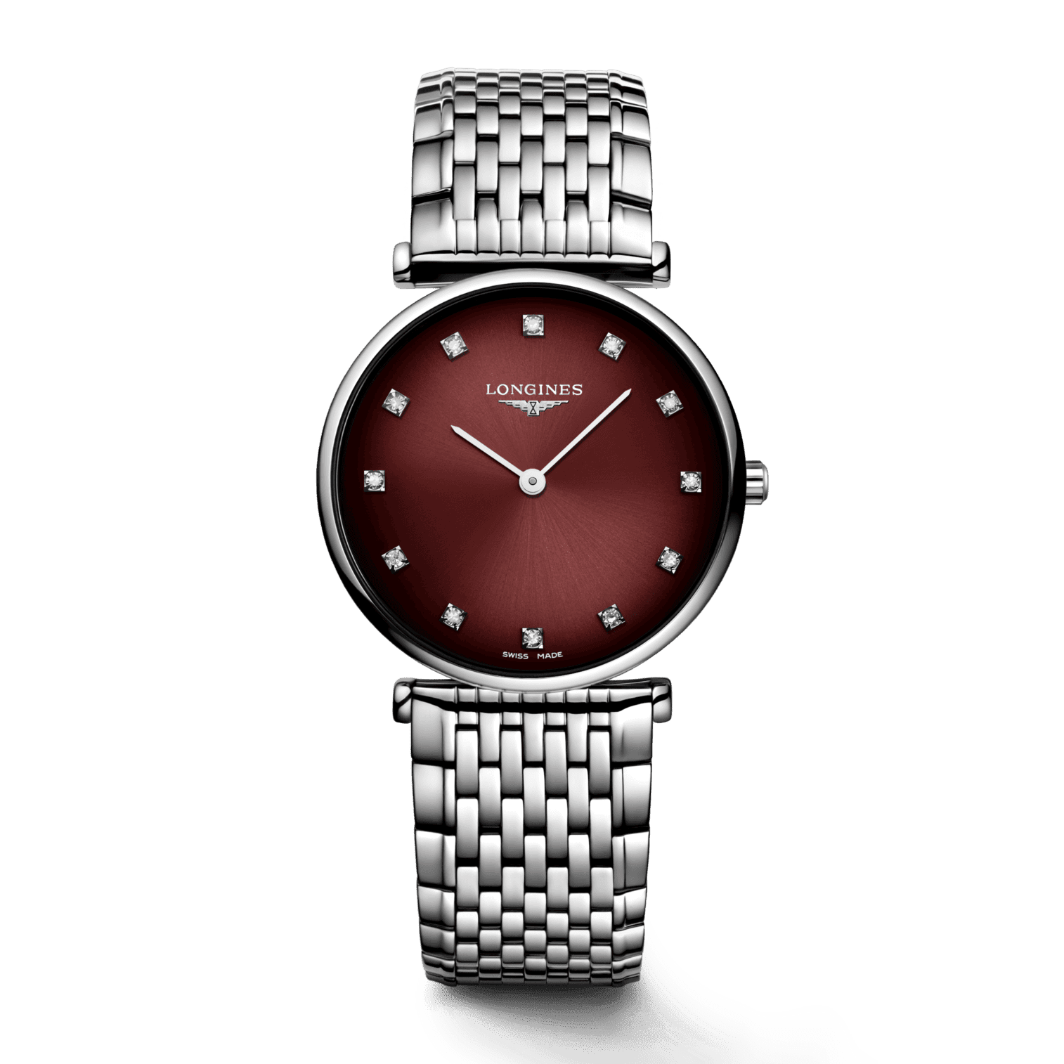 Orologio donna Longines La Grande Classique: quadrante bordeaux e bracciale acciaio.