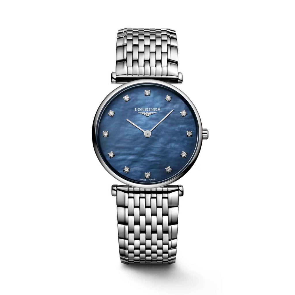 Orologio da polso in acciaio con quadrante blu e indici diamantati, bracciale a maglie.