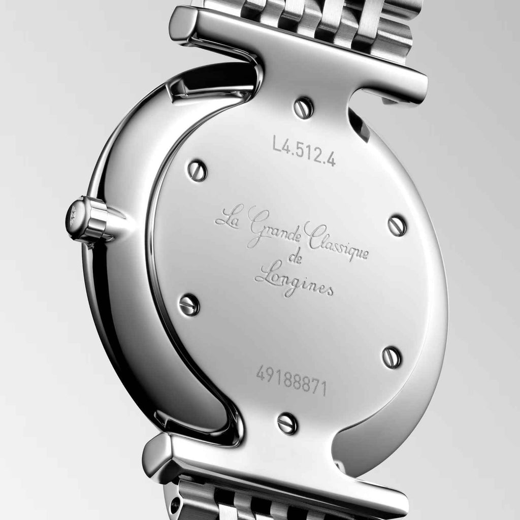 Retro dell’orologio in acciaio con incisione L4.512.4 e La Grande Classique.