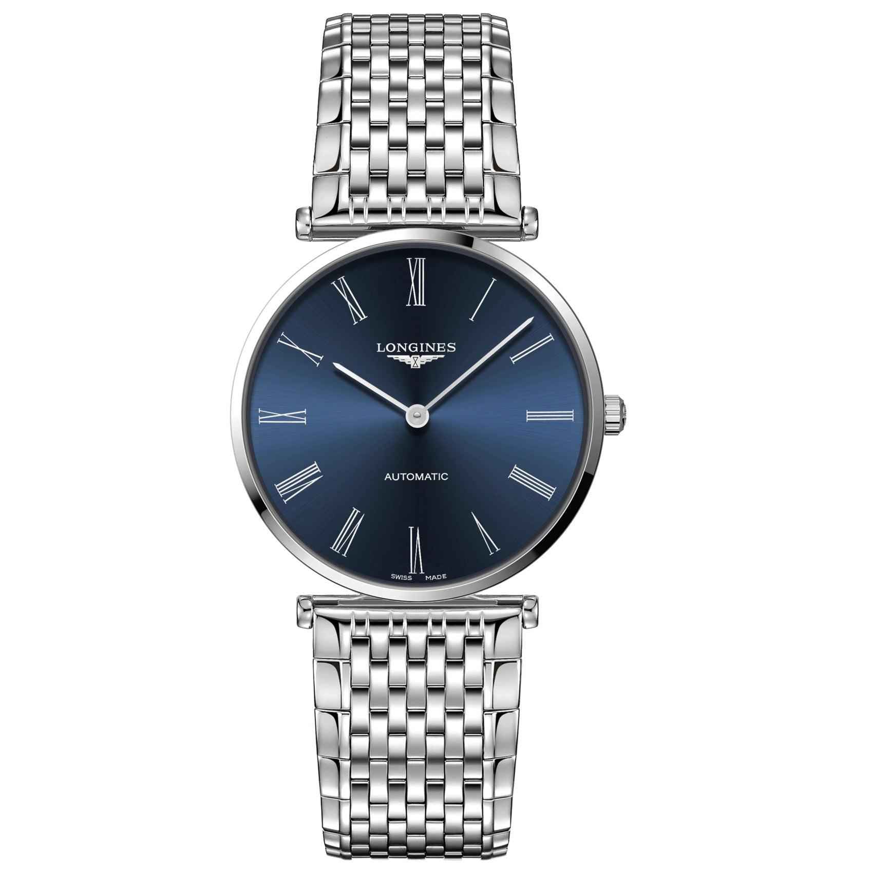 Orologio Longines automatico in acciaio con quadrante blu e cinturino a maglia