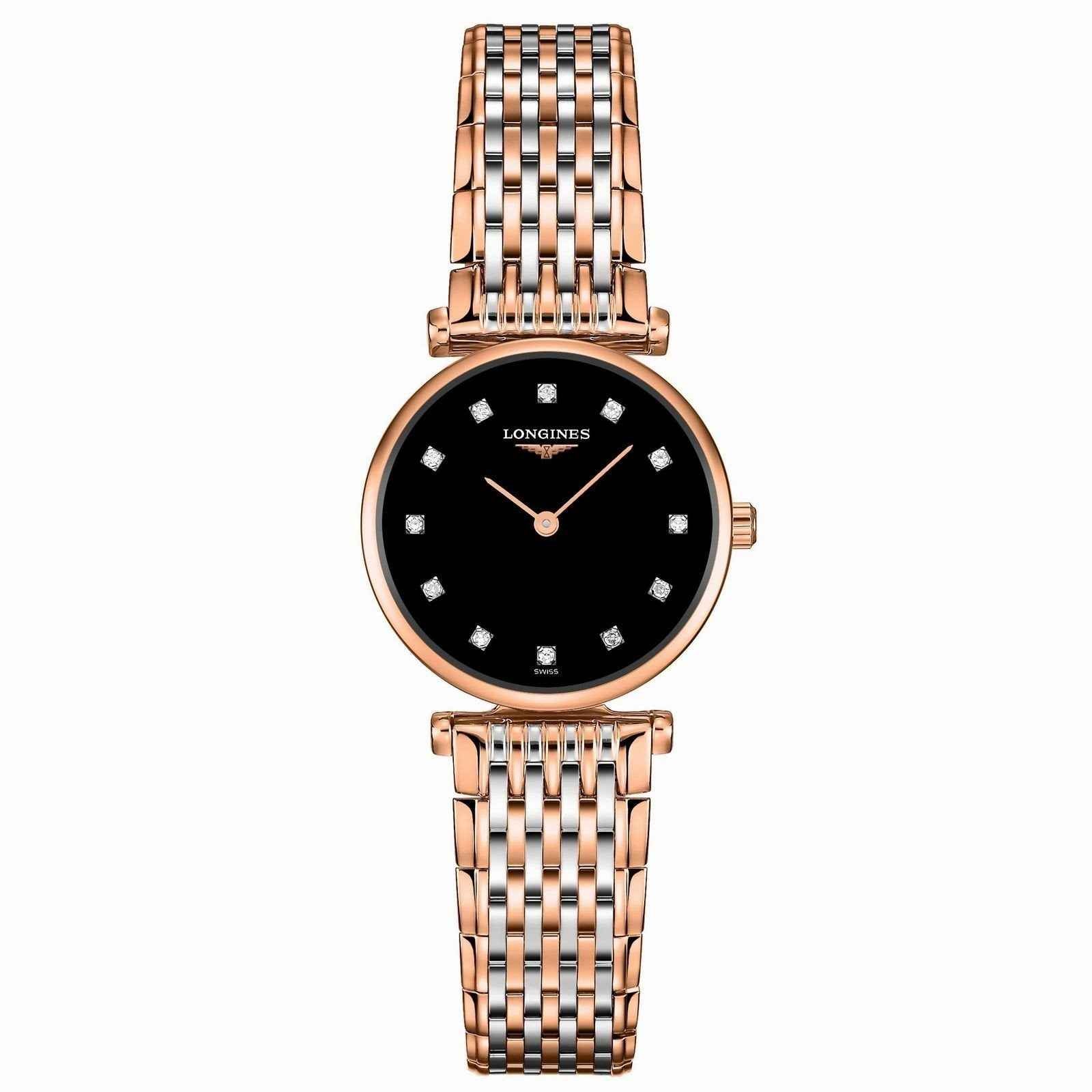Orologio Longines da donna con quadrante nero e diamanti, cinturino in acciaio PVD oro rosa
