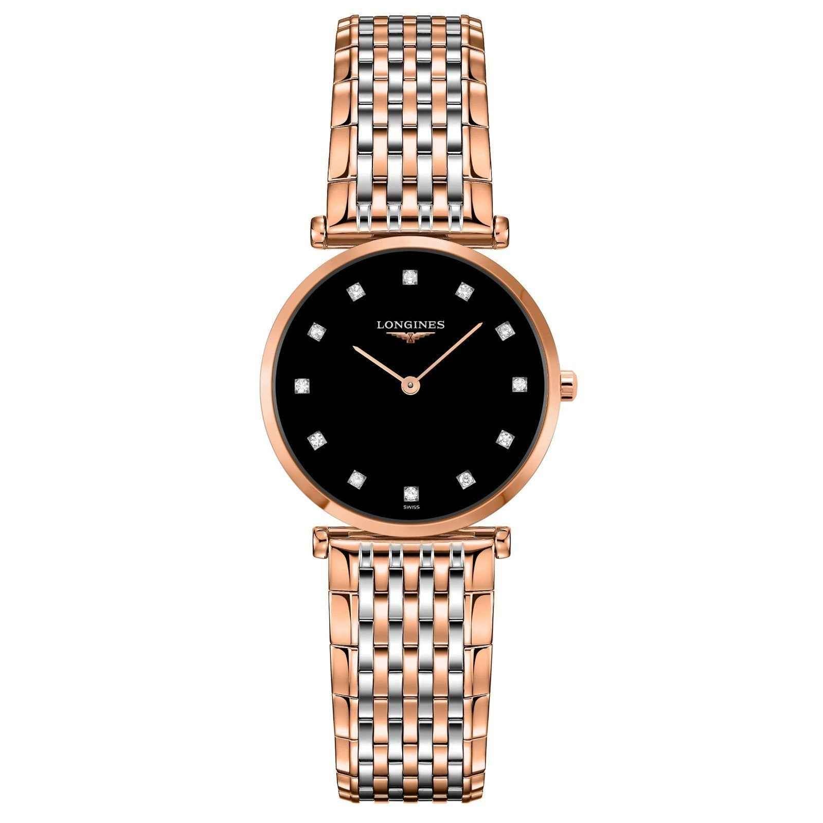 Orologio da polso donna 29 mm con quadrante nero, diamanti e cinturino in acciaio PVD oro rosa