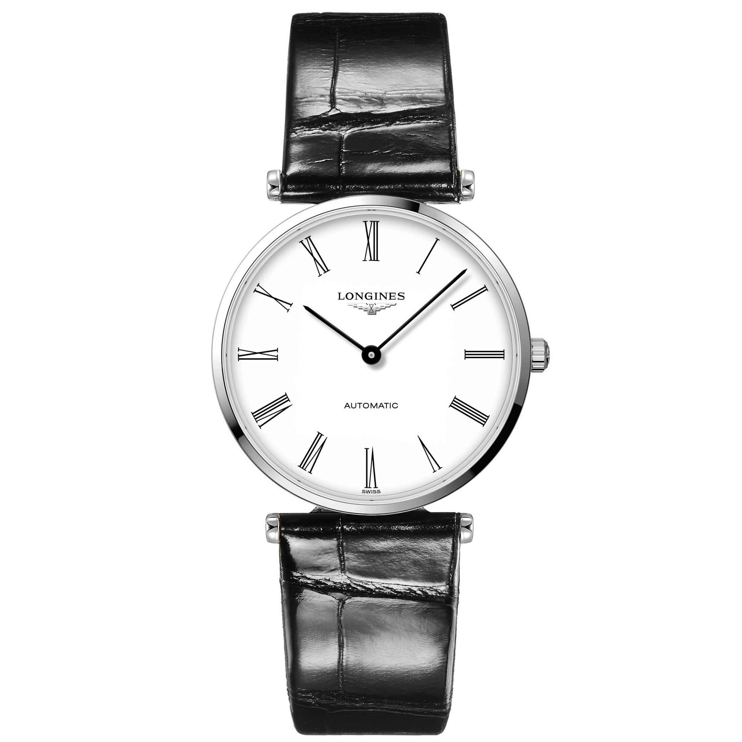Orologio da polso Longines con quadrante bianco e cinturino in pelle nera, cassa in acciaio.