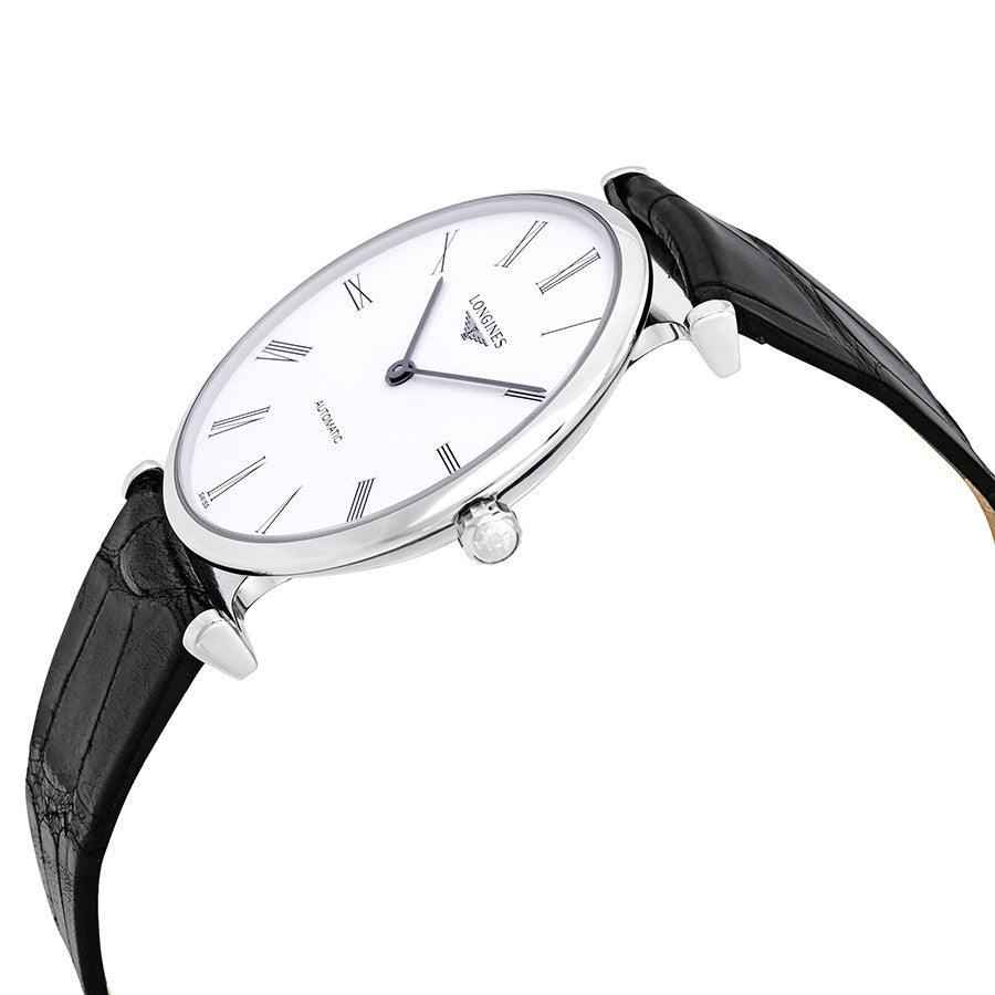 Orologio da polso Longines con quadrante bianco, cinturino in pelle nera e corona in acciaio.