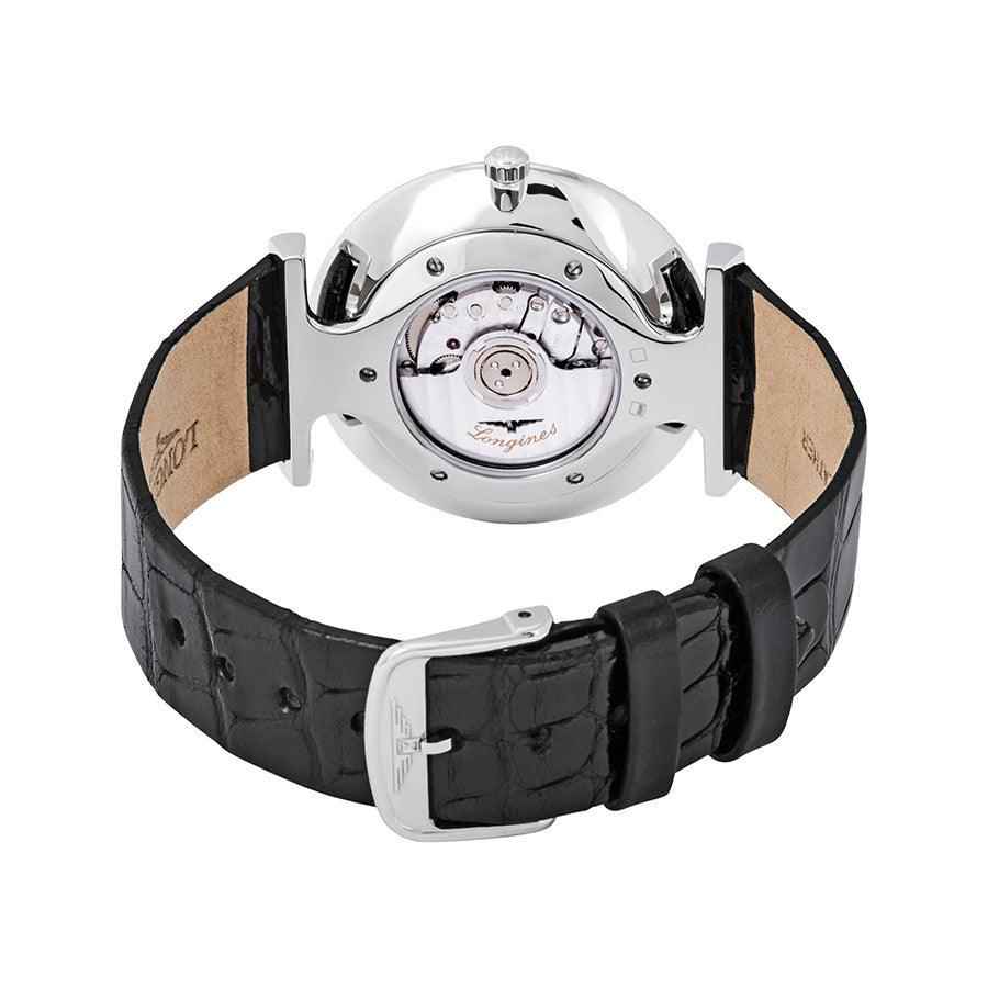 Orologio da polso Longines con fondello trasparente e cinturino in pelle nera.