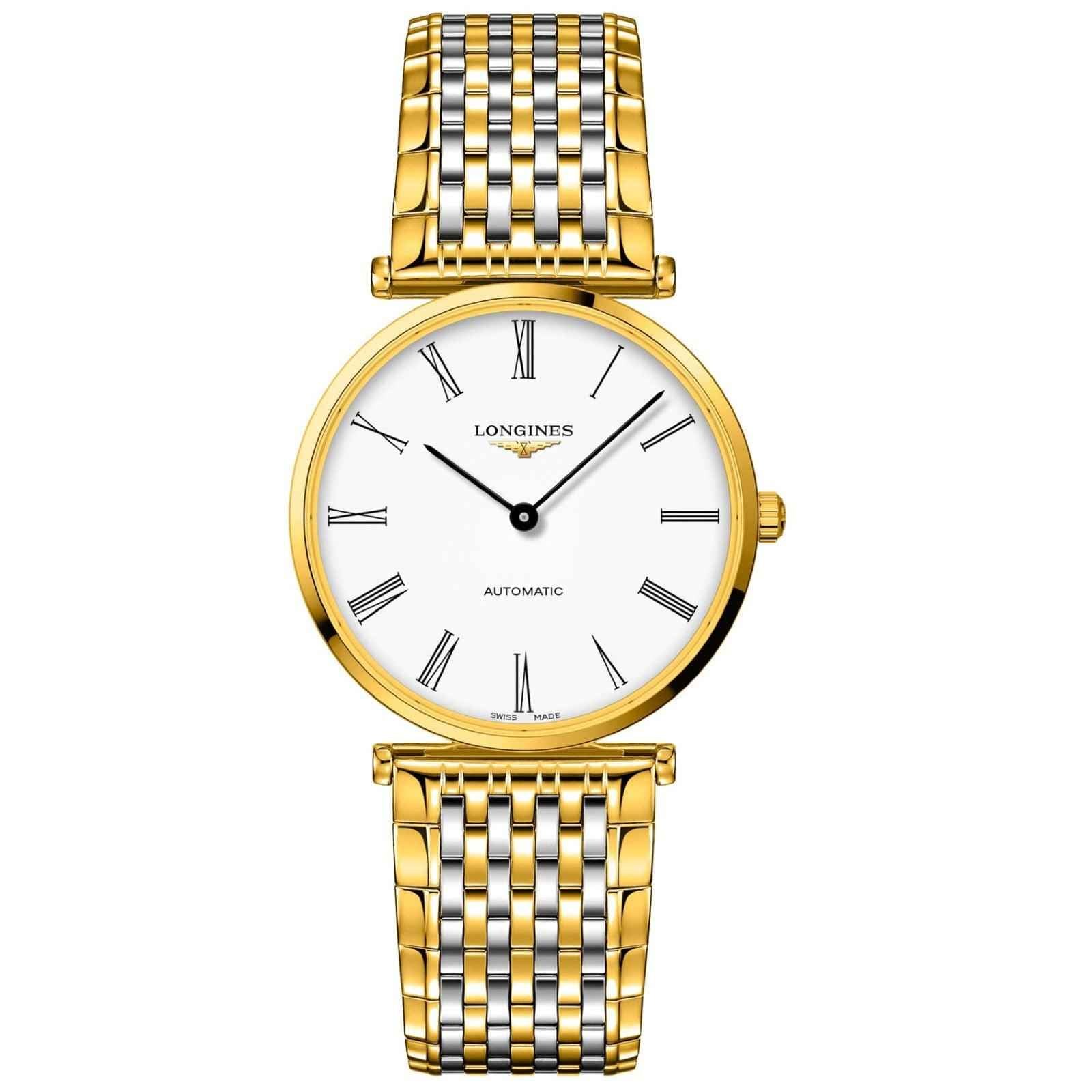 Orologio Longines: quadrante bianco, bracciale a maglie oro giallo, automatico