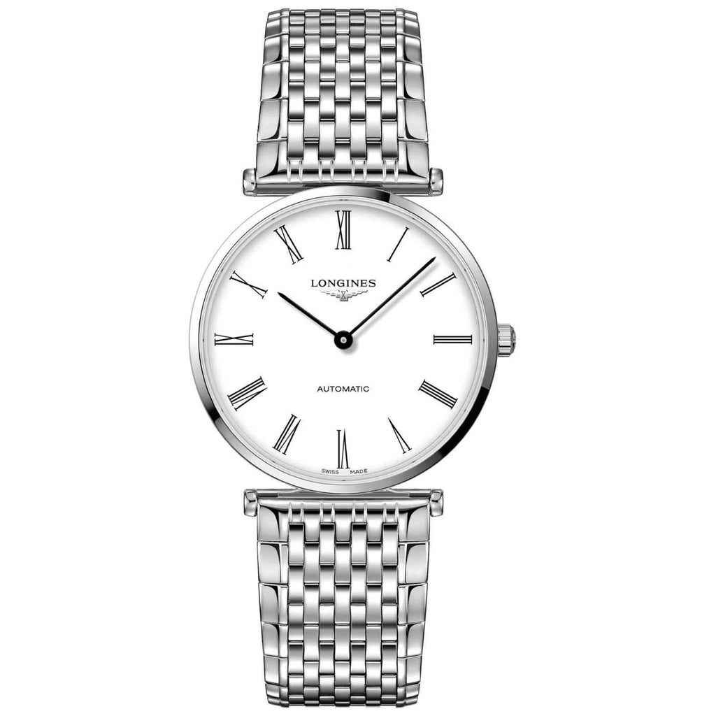 Orologio Longines con quadrante bianco e bracciale maglia in acciaio, automatico.