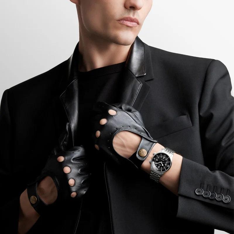Orologio subacqueo automatico nero 39 mm in acciaio, quadrante nero, cinturino in pelle