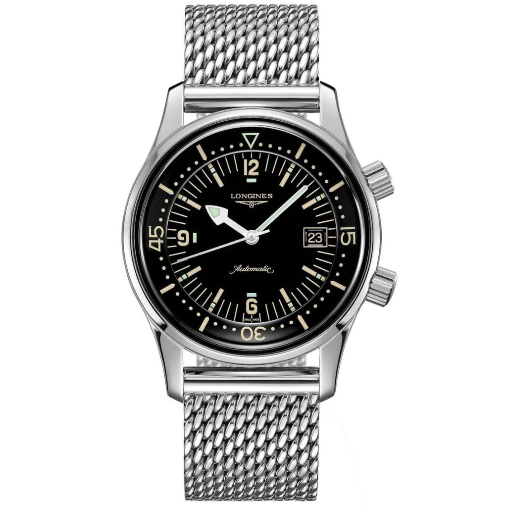 Orologio subacqueo automatico acciaio, bracciale maglia e quadrante nero