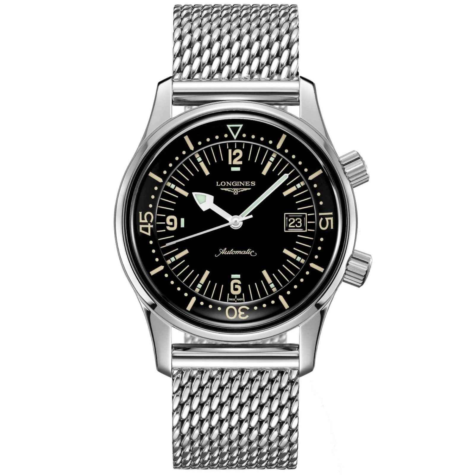 Orologio subacqueo automatico acciaio, bracciale maglia e quadrante nero
