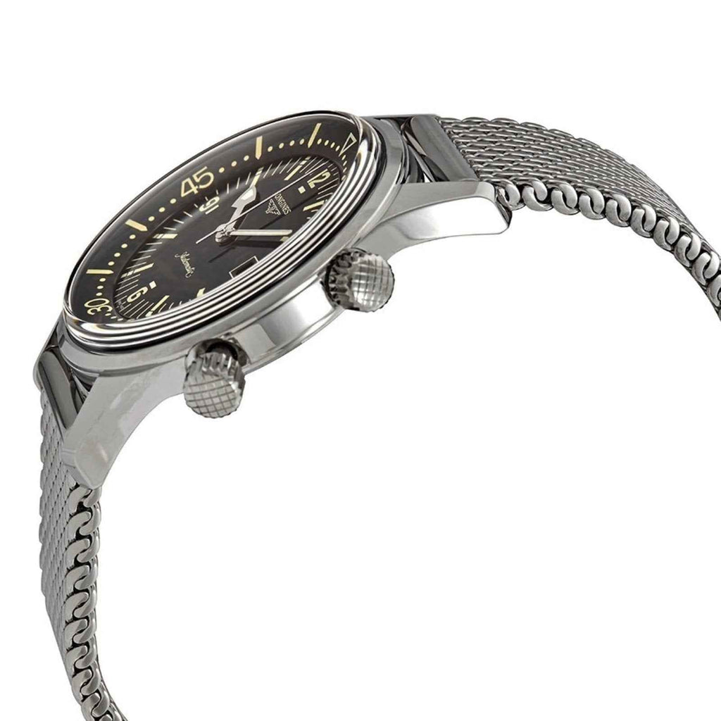 Orologio subacqueo automatico acciaio, vista laterale con pulsanti e quadrante nero