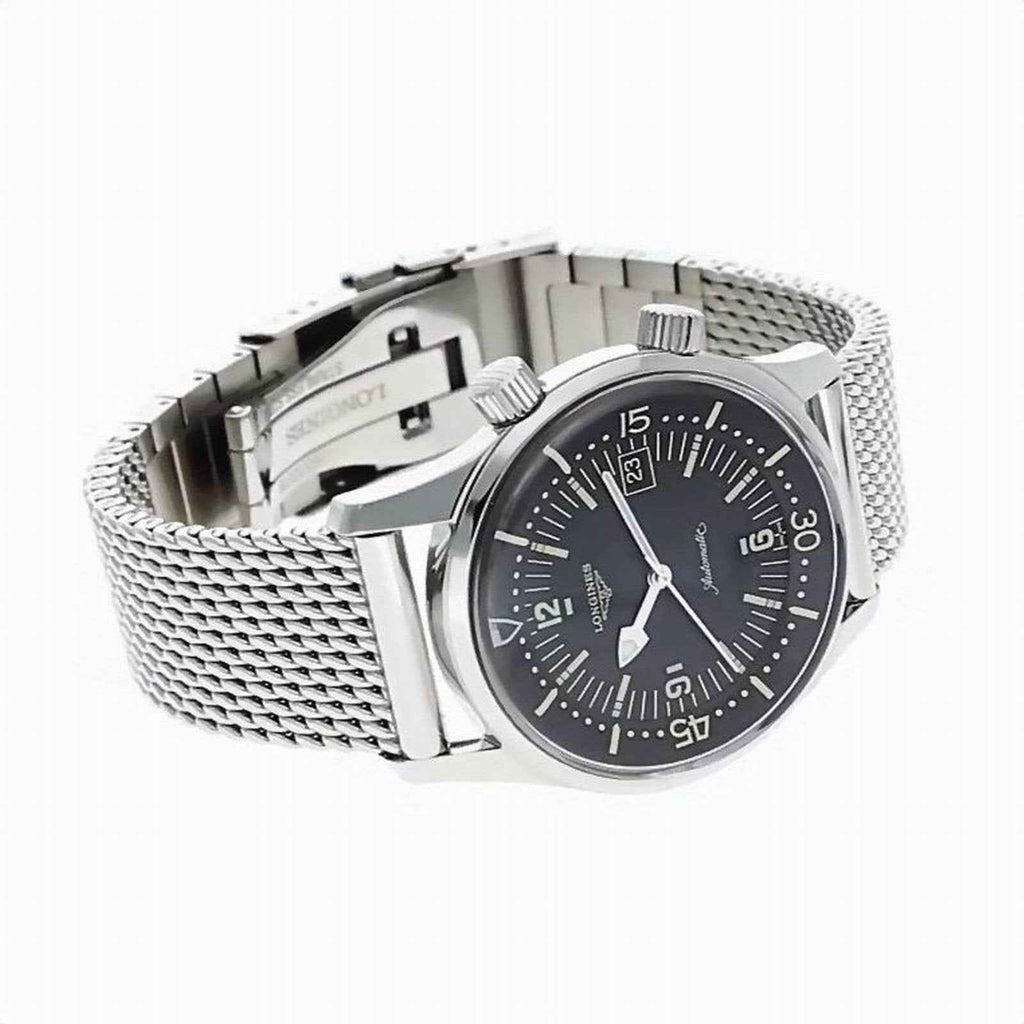 Orologio subacqueo automatico acciaio, lato quadrante nero con bracciale maglia