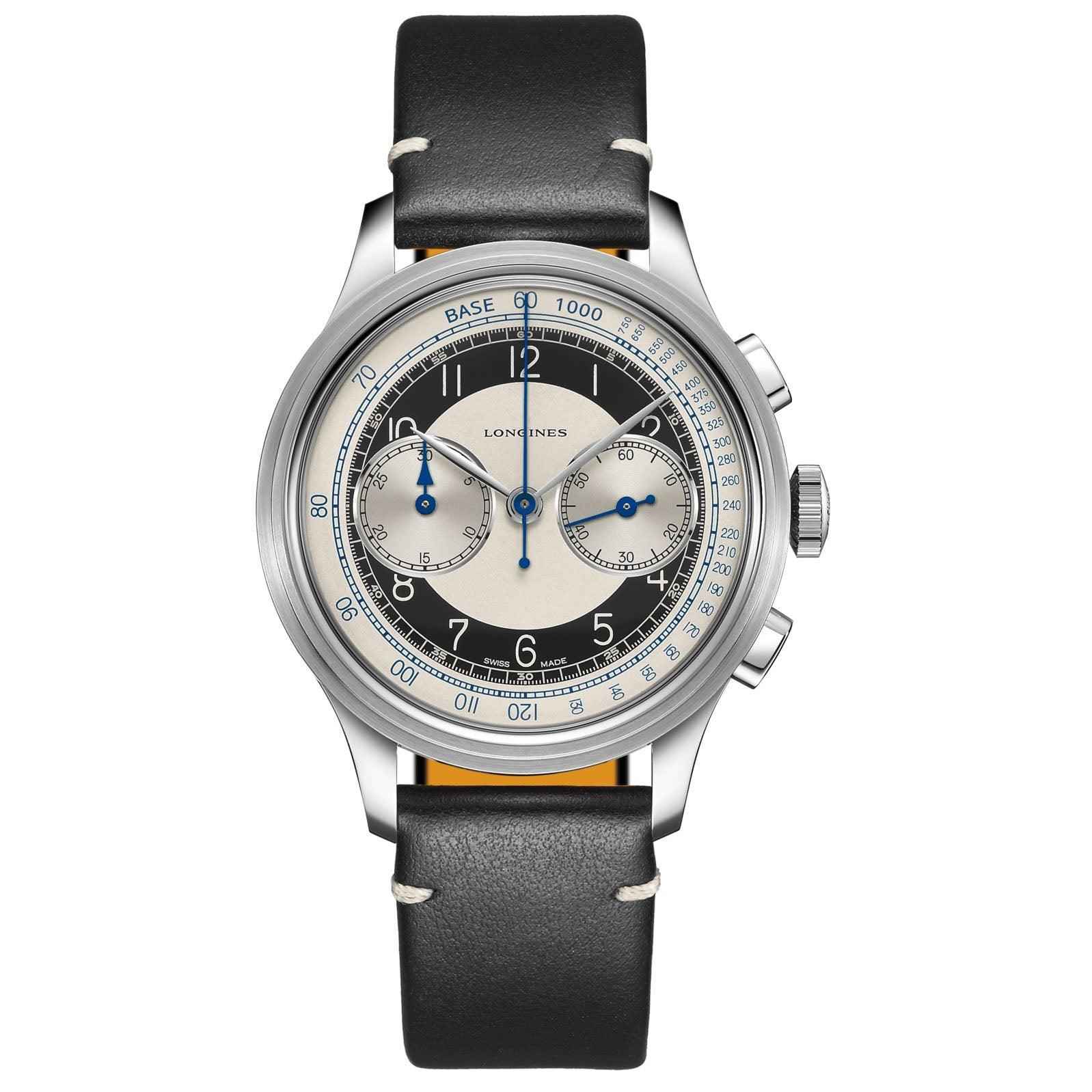 Orologio cronografo Longines Heritage Classic con quadrante nero e cinturino in pelle nera