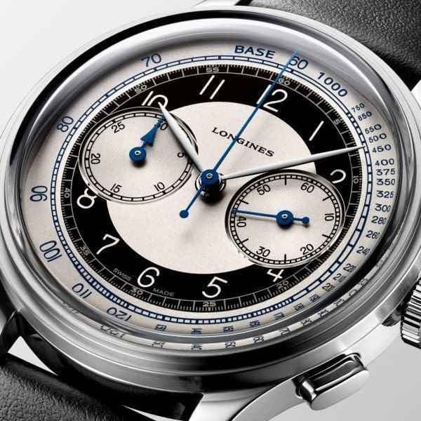 Orologio Longines Heritage Classic: quadrante nero, dettagli blu e quadranti del cronografo