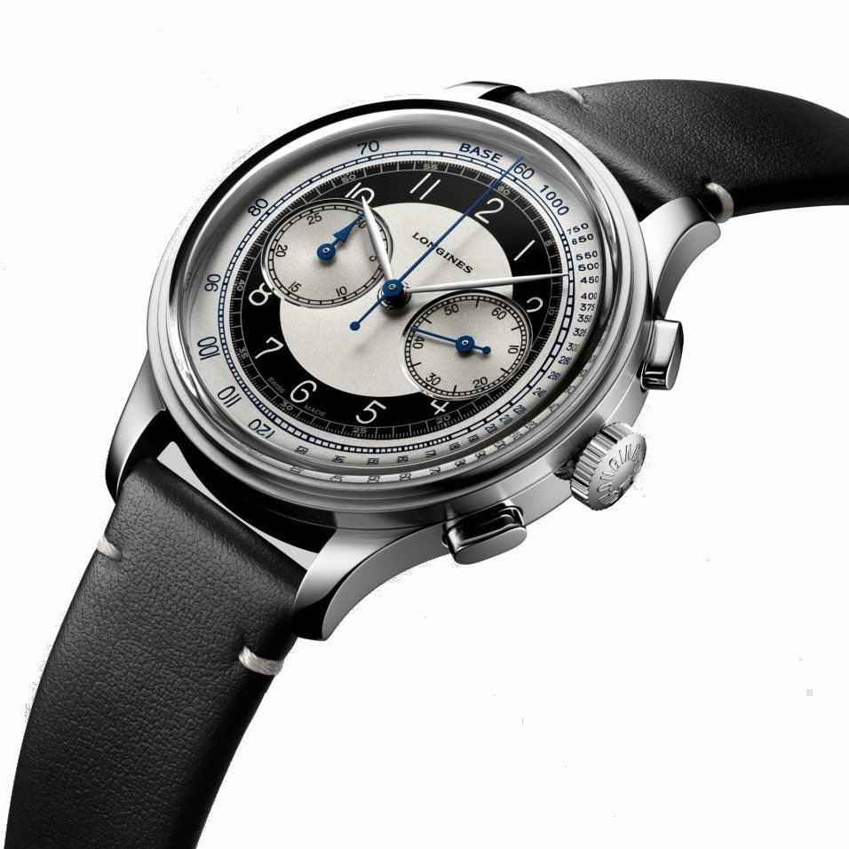 Orologio cronografo Longines Heritage Classic cassa d’acciaio e cinturino in pelle nera