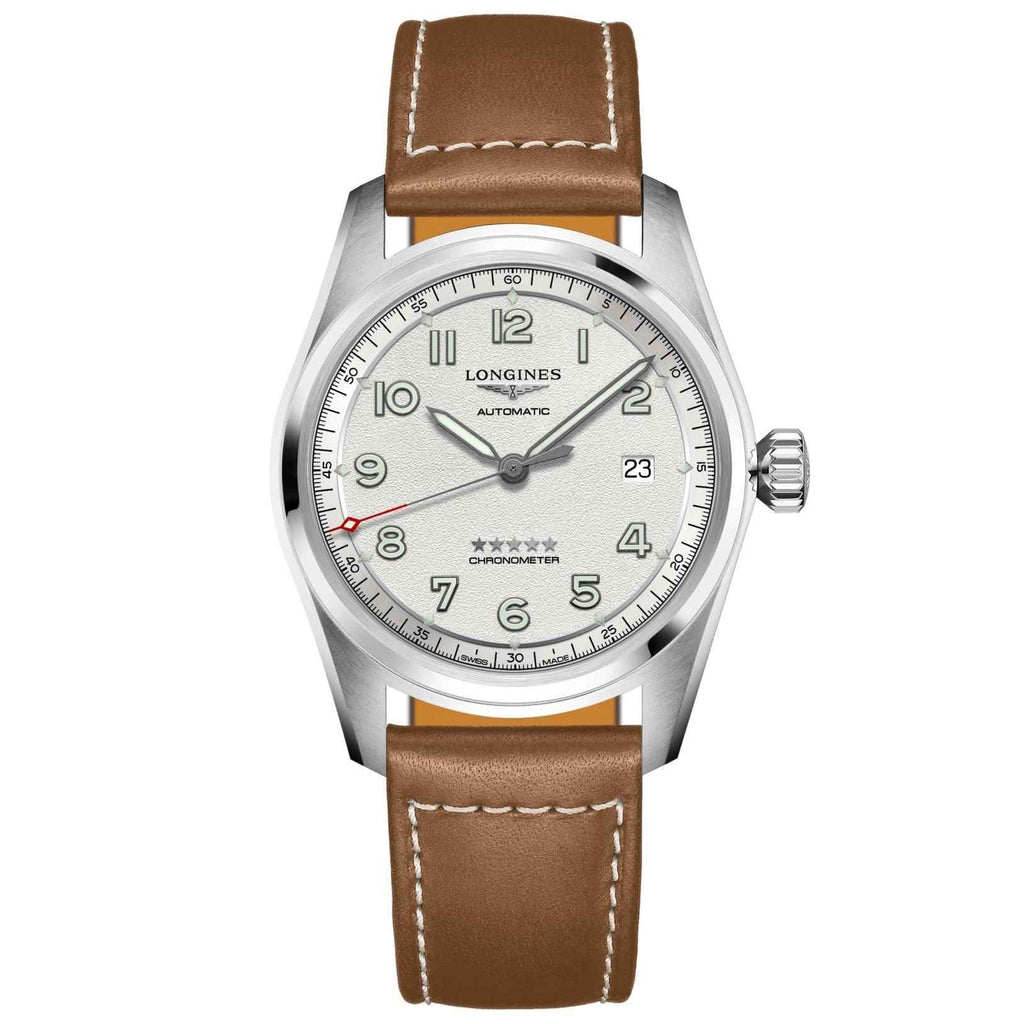 Orologio da polso con quadrante argento, corona laterale e cinturino in pelle marrone