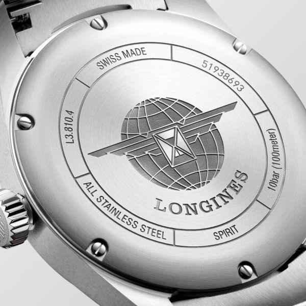 Fondello dell’orologio Longines Spirit in acciaio con incisione mondo e scritta LONGINES