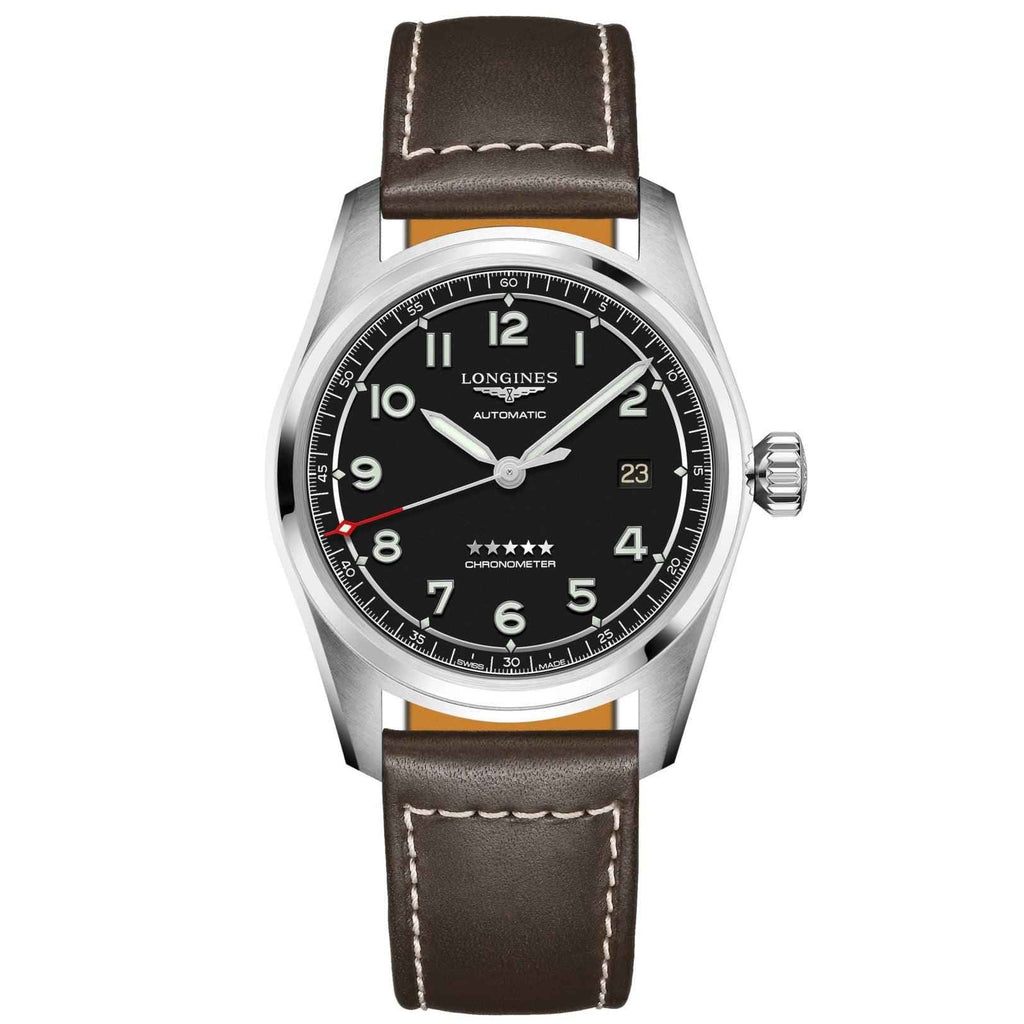 Orologio Longines Spirit con cassa in acciaio, quadrante nero e cinturino in pelle marrone